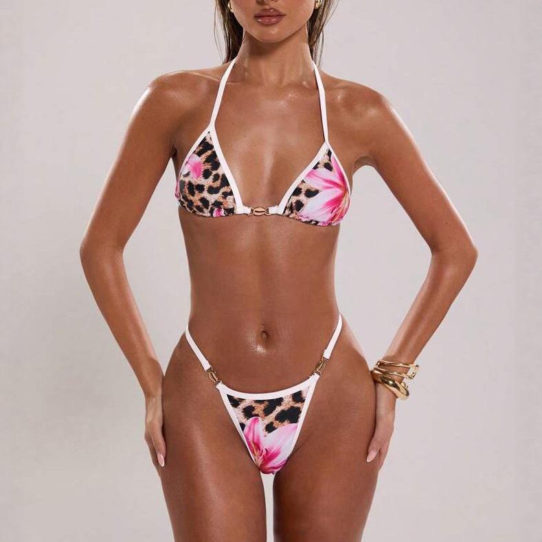 Fashion New Personalized Leopard Print Positioning Print Sexy Lace-Up Split Bikini Two-Piece Swimsuit Women