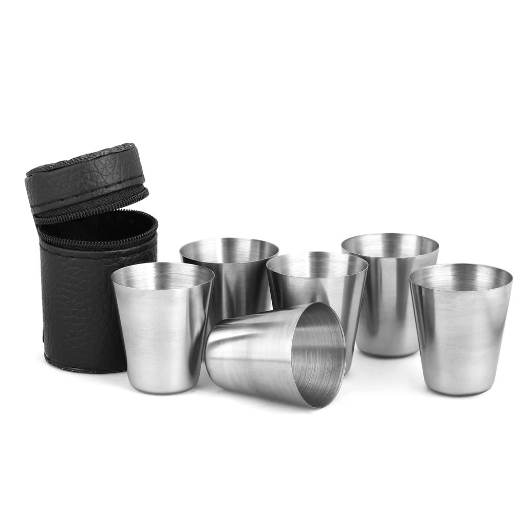 6 ks/sada Venkovní Praktické Cestovní Nerezové Kelímky Mini Sada Sklenice Na Whisky Víno S Pouzdrem Přenosné Nádobí na Pití 30/70ml