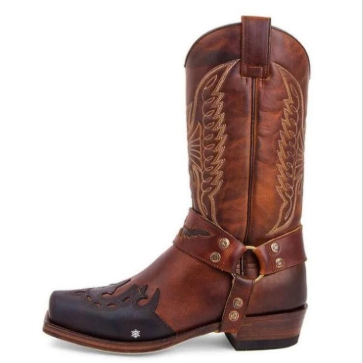 New Men'S Head European And American Embroidery Men'S Leather Boots Knight Boots Warm Low Heels Men'S Shoes Large Size