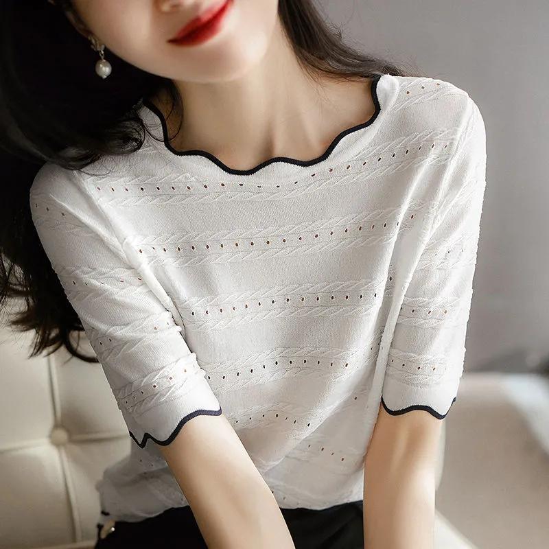 Korean Contrasting Hollow Lace Collar Spring Summer New Thin Knitted Short Sleeved T-shirt All Match Top for Women