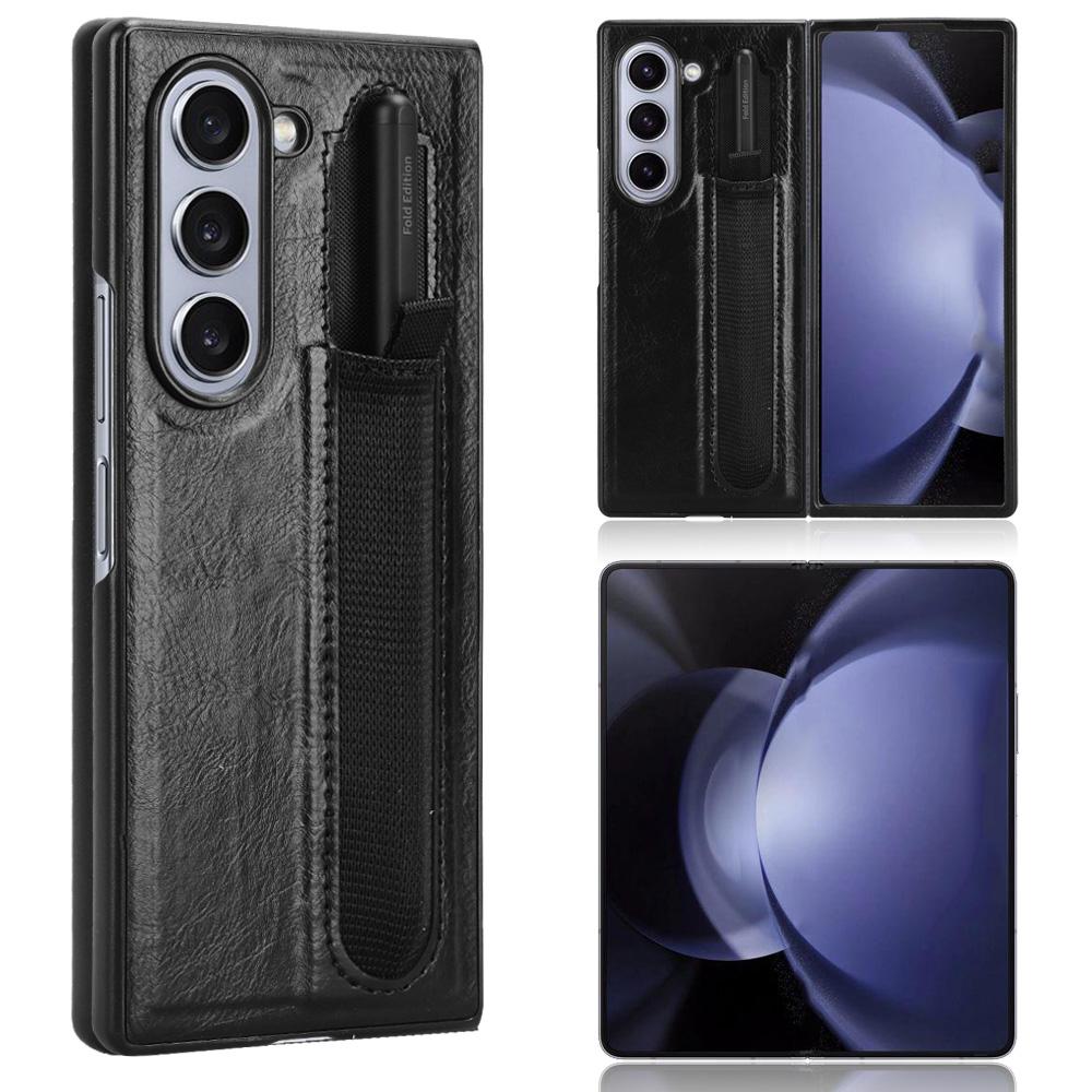 

For Samsung Galaxy Z Fold6 5G Case Retro Leather Coated PC Phone Cover with Pens Slot Black