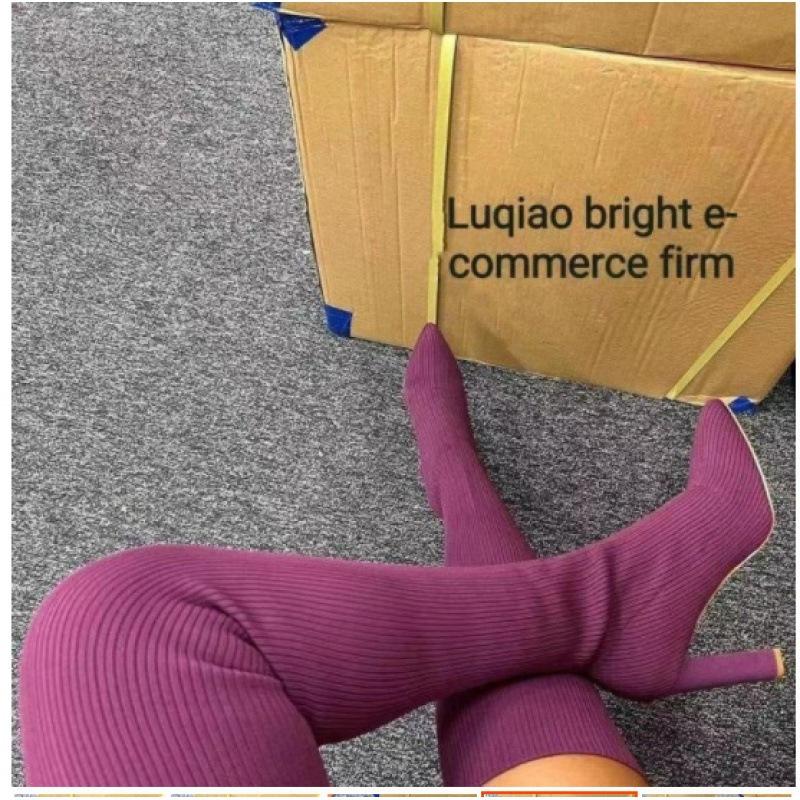 Autumn and winter pointed thick heel knitted knee boots women's European, American foreign trade large size elastic wool socks long boots