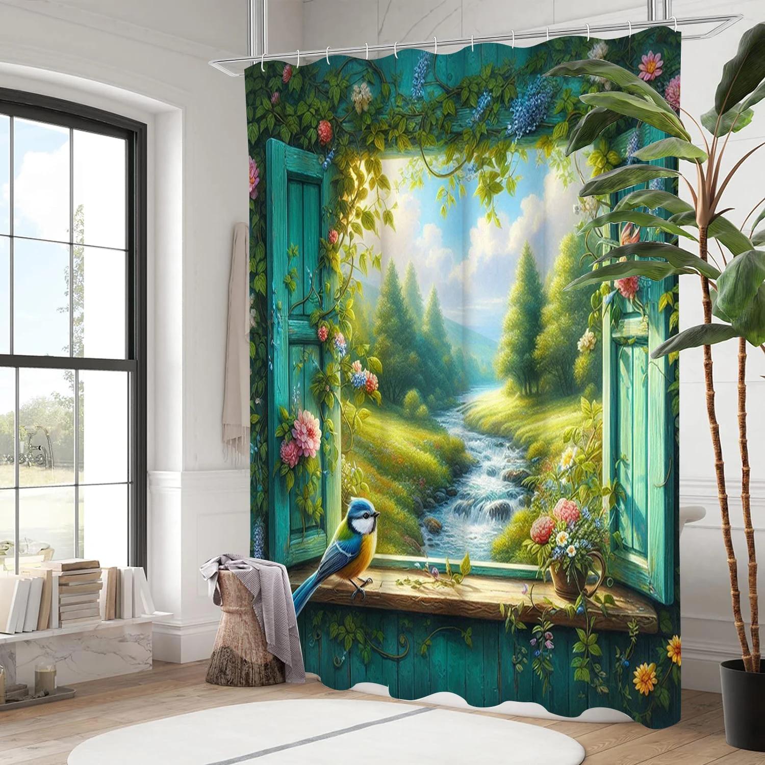 

Flower And Birds Pattern Bathing Curtain Bathroom Shower Curtain Waterproof With 12 Hooks Home Deco W60H190(CM)-1 Pcs