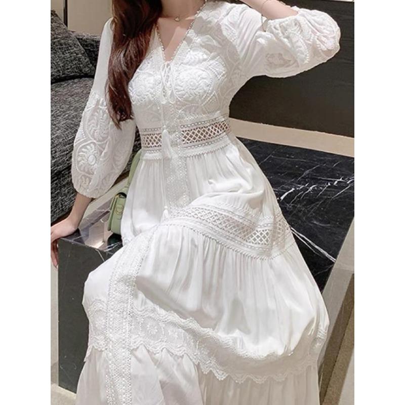 Λευκό μακρύ φόρεμα Γυναικεία καλοκαιρινά Boho δαντελένια φορέματα Γυναικείο φόρεμα για διακοπές στην παραλία