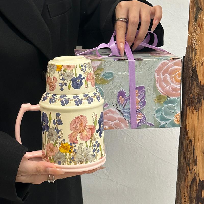 Oil painting retro ceramic kettle cup, large-capacity water cup, high-value mug for girls, birthday gift for girlfriends