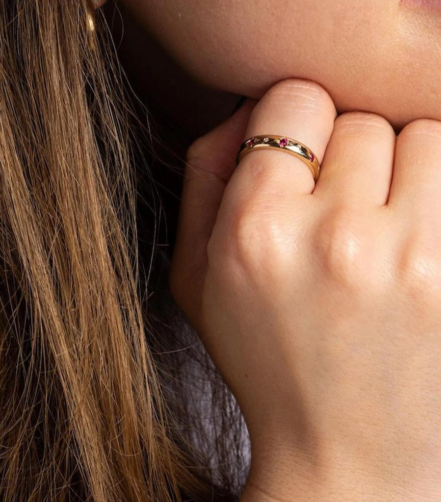 Vintage Star Set Ruby Band – Gold Plated Ring with Diamond Accents, Unisex Wedding Band, Anniversary Jewelry Gift