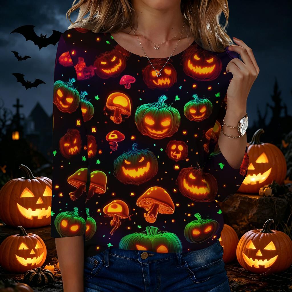 Women's Casual Halloween Print Round Neck Three Quarter Sleeve T Shirt Top Lightweight Comfortable Fit for Everyday Wear