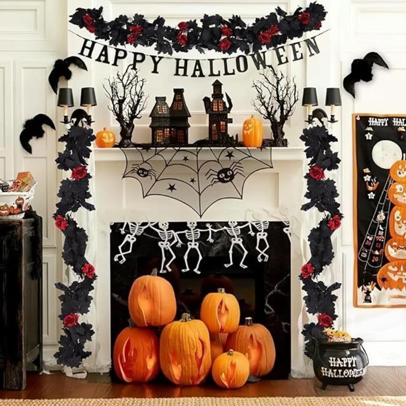 Halloween Schwarzer Ahorn Rosenkette, 65,98 Zoll Seiden-Feiertagsverzierung für Türrahmen, Regal und Heimdekoration Innenbereich