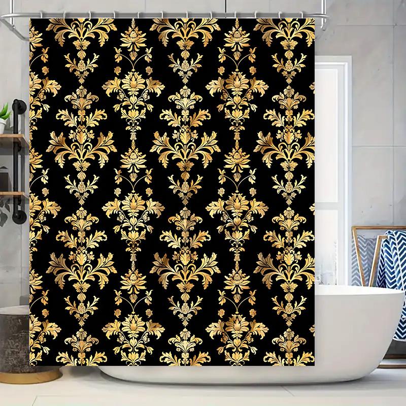 

Golden Damask Shower Curtain Luxury Bath Decor For Home Bathroom Black Gold Waterproof Fabric 72X78 (183X200Cm) W60H190(CM)-1 Pcs