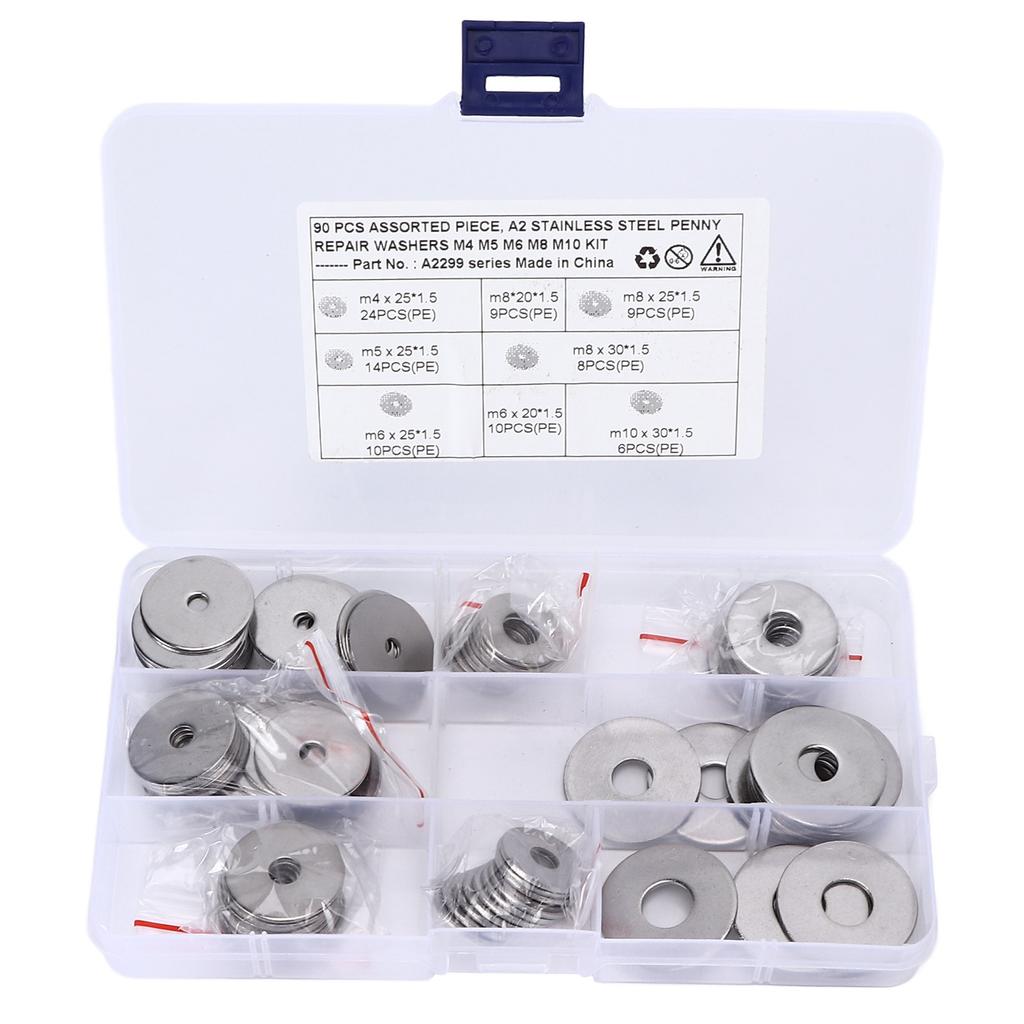 90PCS Penny Repair Washers Flat 8 Sizes Assorted 304 Stainless Steel Universal for Cars Trucks