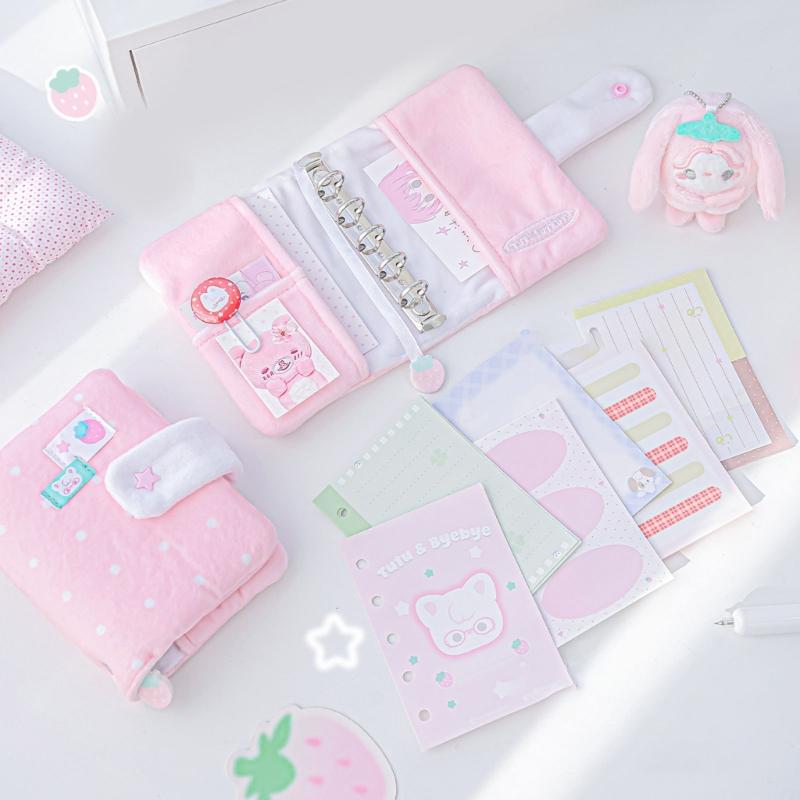 Plush Notebook Cute Plush Dot Pattern Journal Diary Refillable Loose Leaf Design Scrapbook For School Notes And Diary