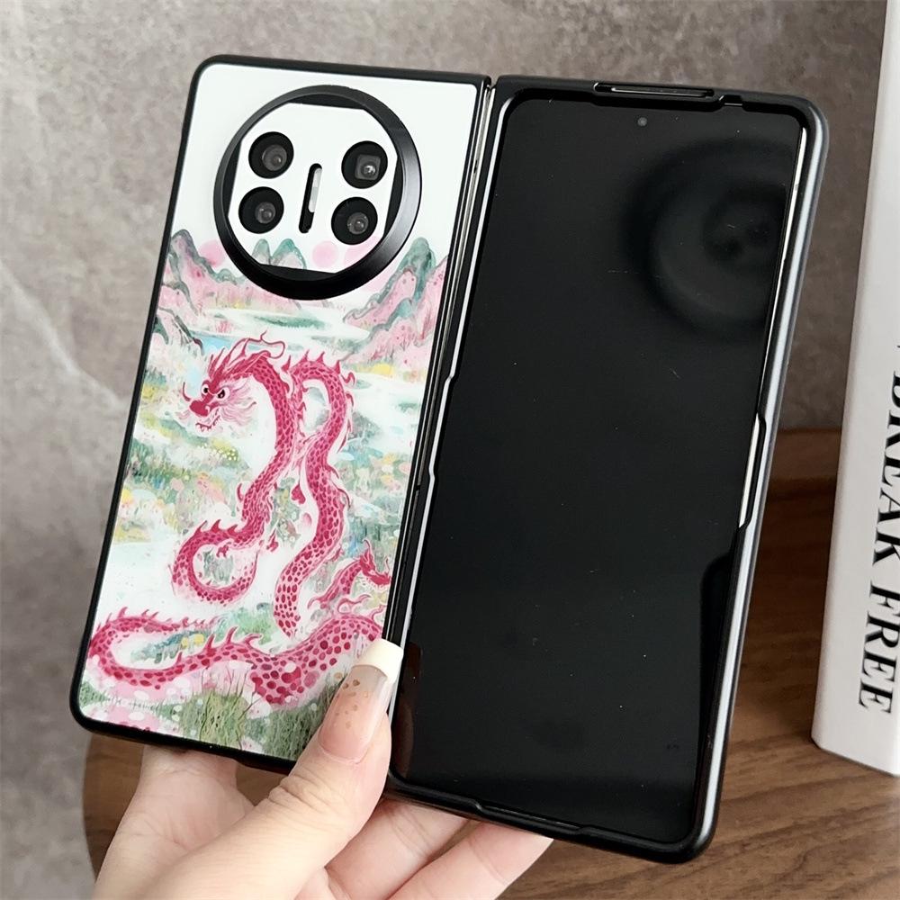 Black Cat and Pink Dragon Retro Happy Magnetic Case for Huawei MateX3/X5, Folding and Protective Cover for Women