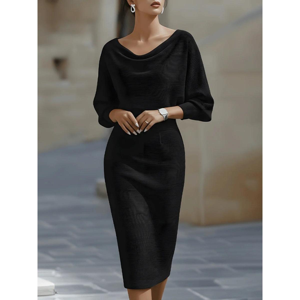 2026 Elegant Cowl Neck Knit Bodycon Dress for Women, Batwing Sleeve Waist Cinch Midi Pencil Dress, Formal Office & Business Casual Wear S чёрный