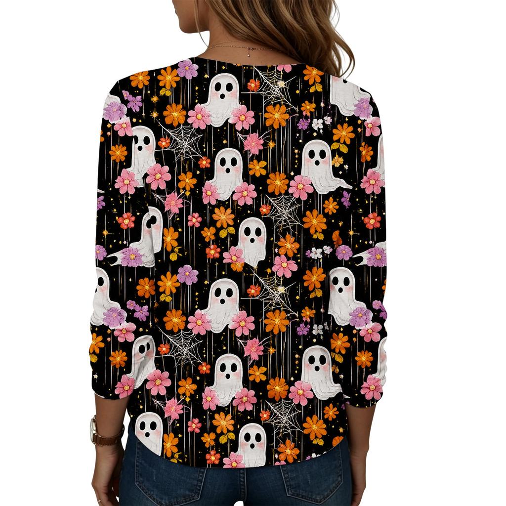 Women's Casual Long Sleeve Round Neck Top with Halloween Print for Party