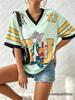 Summer New Cartoon T-shirt For Women Cute Tom&Jerry Print V-Neck Mesh Breathable Sports Football Jersey Oversized Loose Y2K Tops