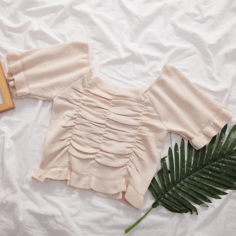 Square Neck Collar Collarbone Pleated Short-sleeved Knit Sweater Women Summer Retro Short Sweet Top T-shirt Casual Essential Slim Fit Pullovers Tees