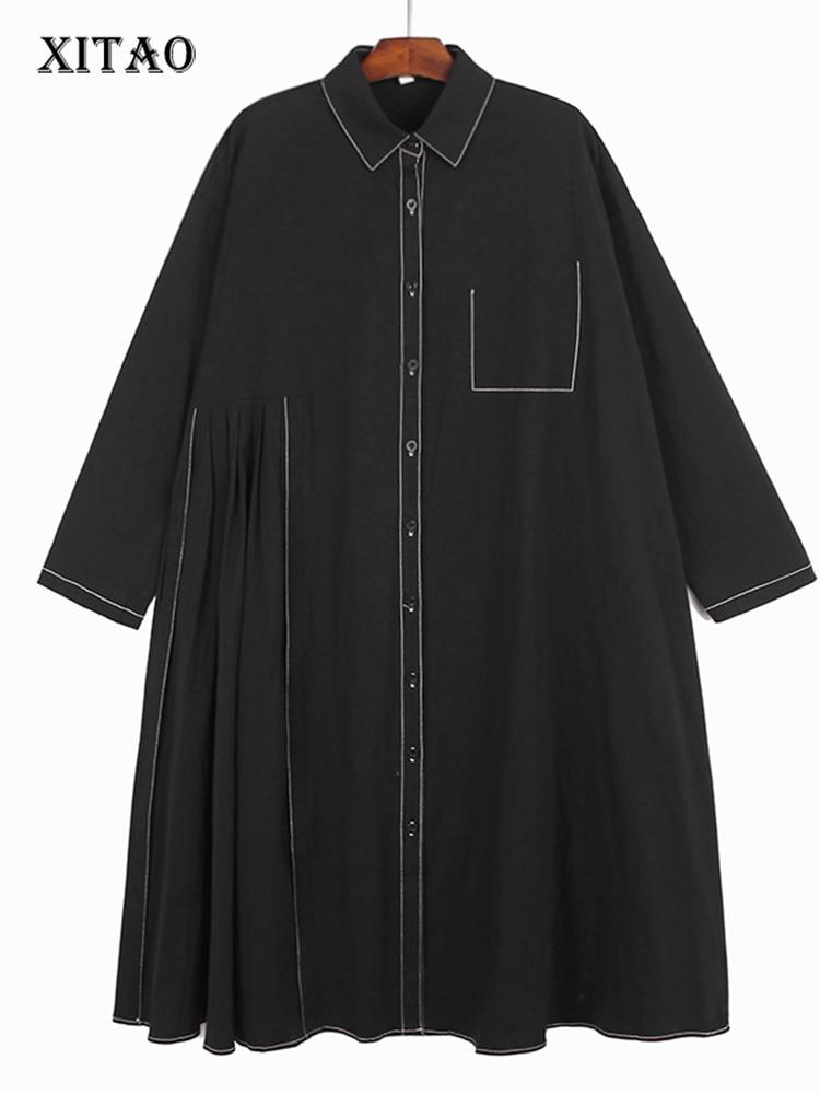 

XITAO плиссированное платье с накладными карманами и длинными рукавами, черное веер богини, повседневное свободное элегантное платье в стиле меньшинств, ZY8056