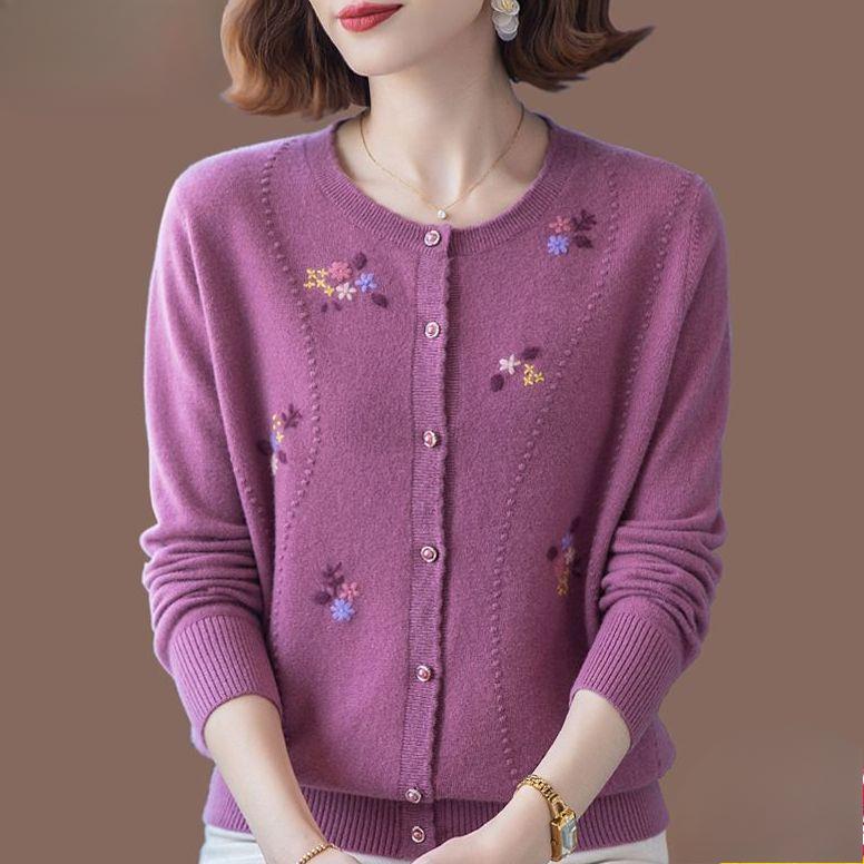Autumn Winter Women's Wool Cardigan Round Neck Embroidered Knitted Jacket Cardigan Top