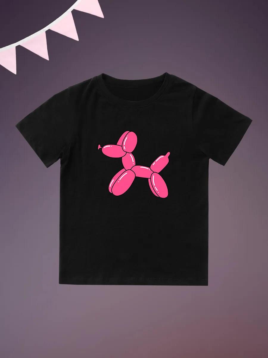 Round Neck Printed Pattern Pullover Short Sleeve Kids Tops Pink Inflatable Dog 110