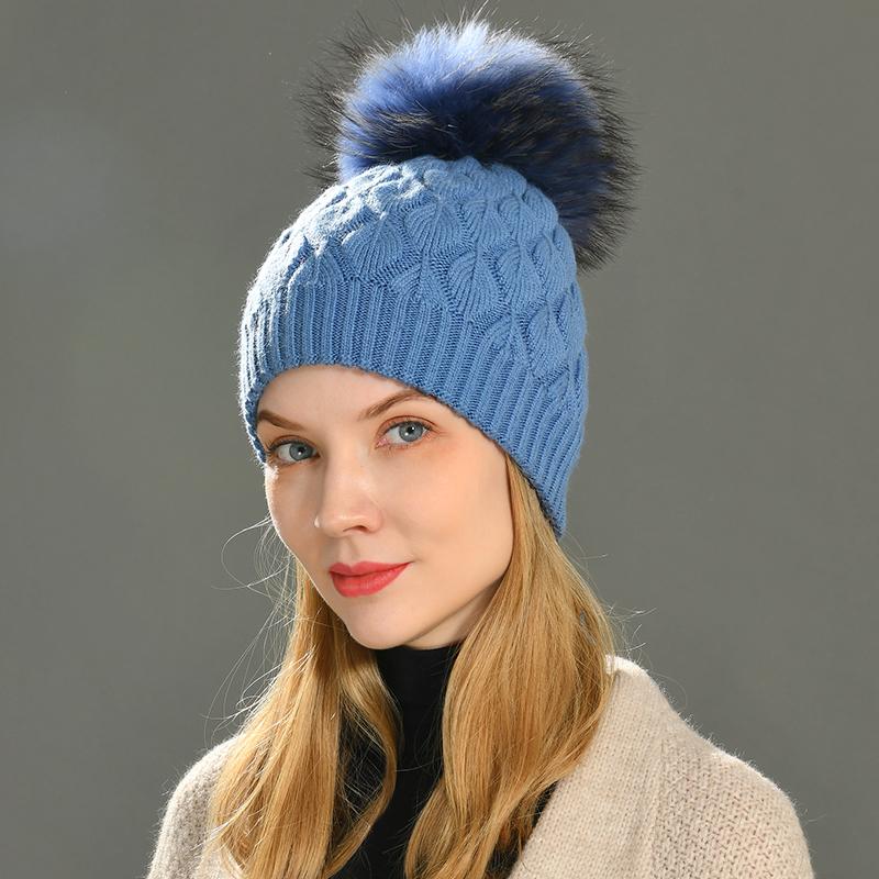 Jxwatcher Women Winter Hat Real Fur Pompom Angora Knitted Wool Beanie Fashion Casual Outdoor Thick Ladies Warm Fur Ball Hats New