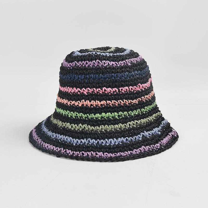 

USPOP 2024 New Summer Straw Hat Bucket Hat Women Spring Summer New Color Striped Sun Hat 56-58cm чорний