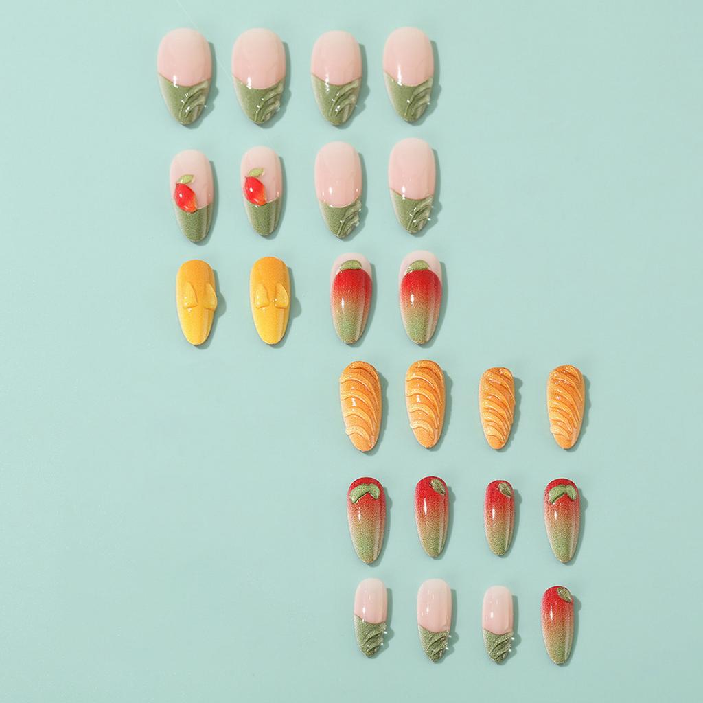3D Mango Press On Nails 24Pcs Korean Style Artificial Nails with Gradient Green Yellow Design for Daily Party Wedding