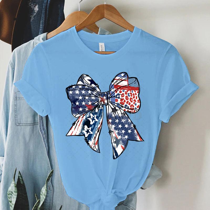 USA Flag Coquette Bow Design Woman T-shirts July 4th Crew Neck Summer Clothes Men 4th of July Coquette Bow Shirts and Blouses