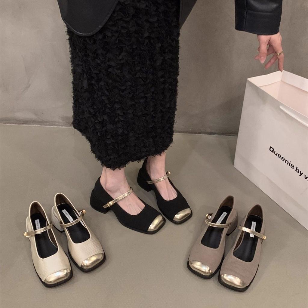 One-word buckle premium thick heel summer Internet celebrity versatile single shoes women  feeling foreign spring Mary Jane shoes