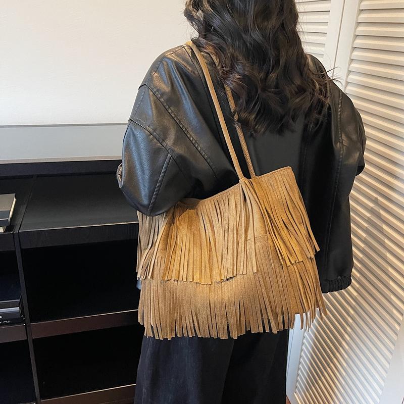 Bruine Suède Franje Tote Tas Dames Mode Schoudertas Met Gelaagde Kwastjes Boho Stijl Handtas Dagelijks Gebruik