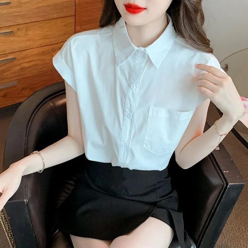 Solid Collar Sleeveless Blouse Women's Summer Loose Design Anti-aging School Style Versatile Top