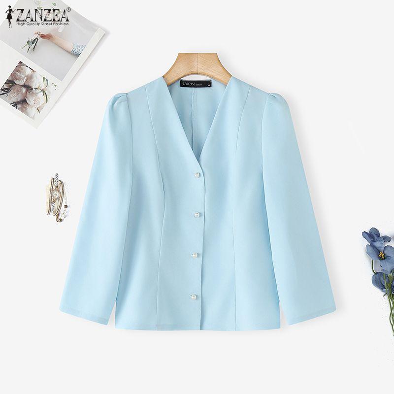 ZANZEA Women Casual V-Neck Solid Color 3/4 Sleeve Blouse