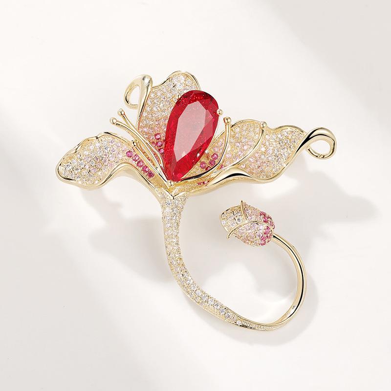 Korean Style Magnificent Emerald Zircon Magnolia Brooch - High-Grade Floral Suit Pin