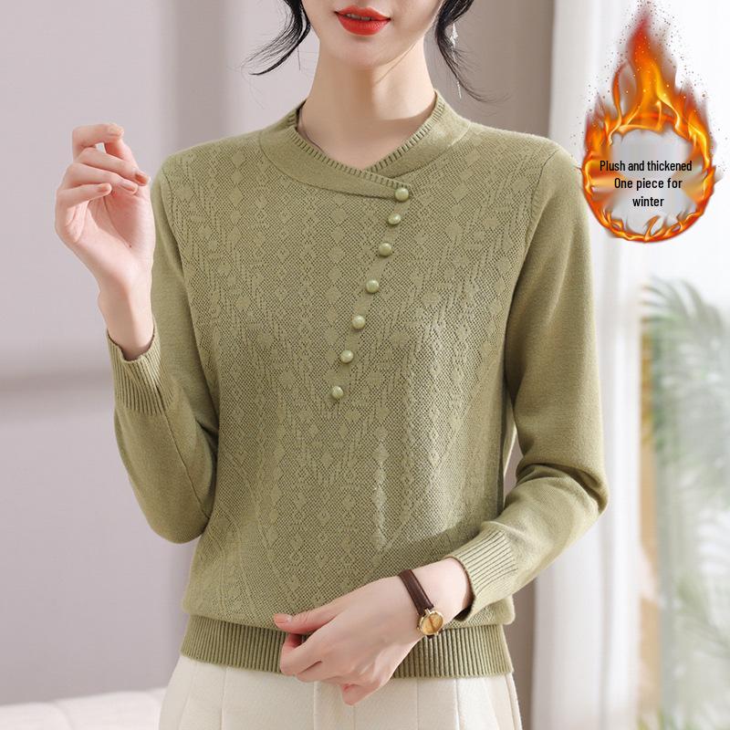 2024 Velvet-Enhanced Knit Sweater: Warm, Fashionable Round-Neck Chinese Style for Autumn/Winter