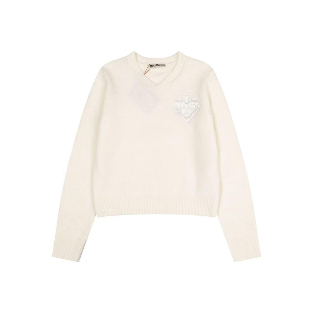 In-Stock MARDI Spring V-Neck Satin Black Heart Casual Sweater for Women