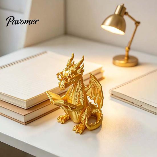 Dragon Ornaments 3D Printed Reading Figurine, Cute Statue with Glasses Fantasy Book Decor Book, Desktop Bookshelf Decor, Lover Gift Whimsical Desk