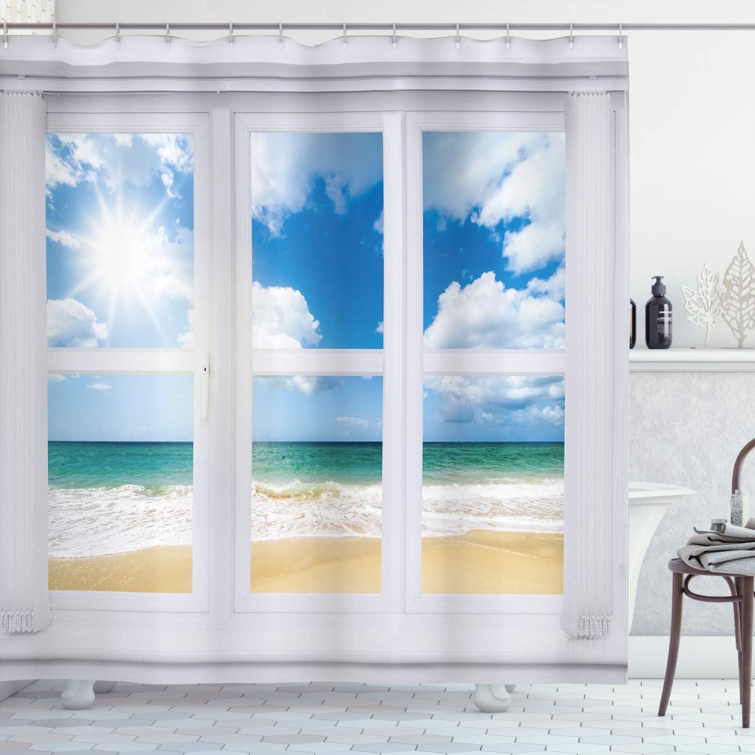 

Landscape Shower Curtain, A Pool with Palm Trees on The Surface Region and Hot Spot Climate on Earth Nature Scenery Theme,Fabric 90x180CM