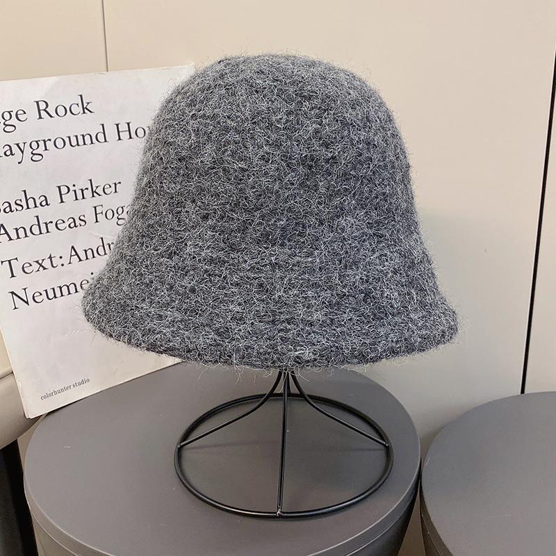 Hat Female Autumn and Winter Knitted Bucket Hat Plain Face Covering Bucket Hat Versatile Face Small Wool Basin Hat