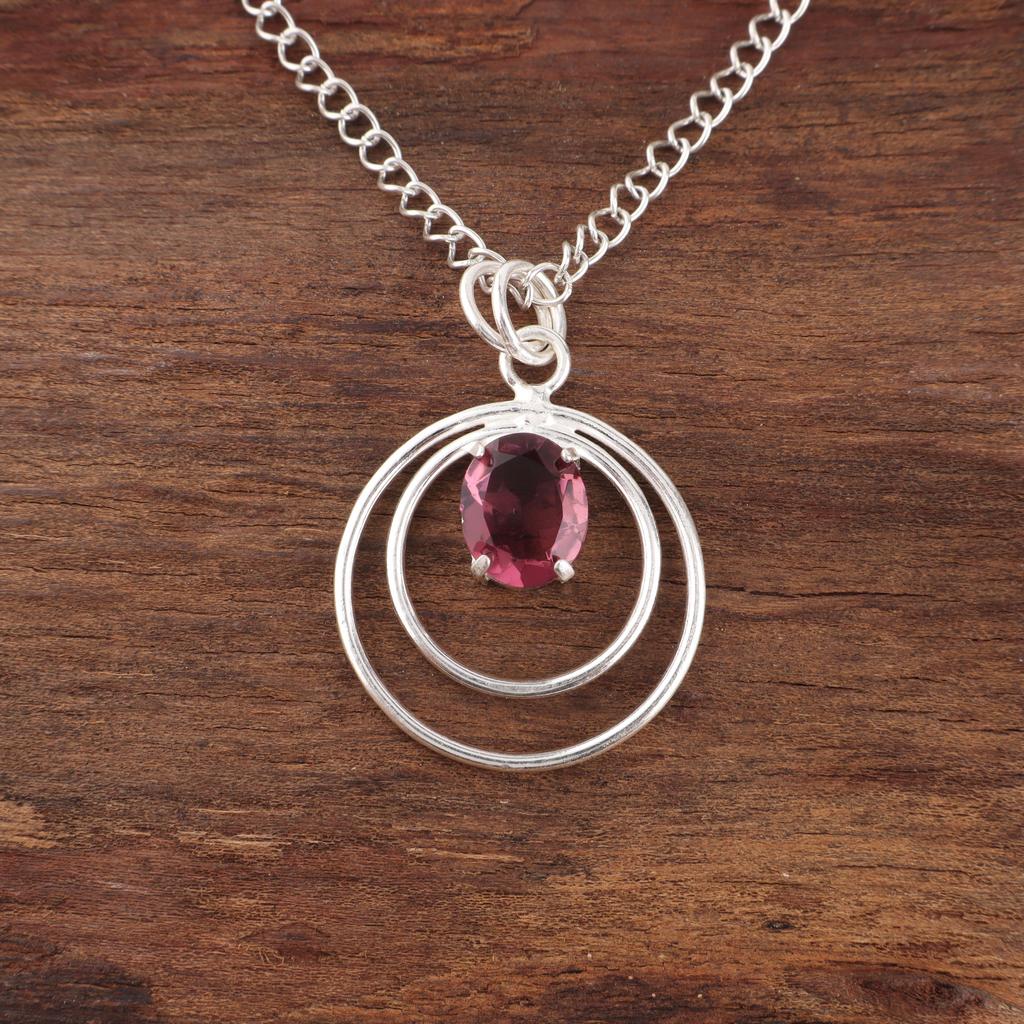 Rhodolith Edelstein Schmuck, Handgefertigter Silberanhänger, 925 Massiv Sterling Silber Anhänger für Muttergeschenk