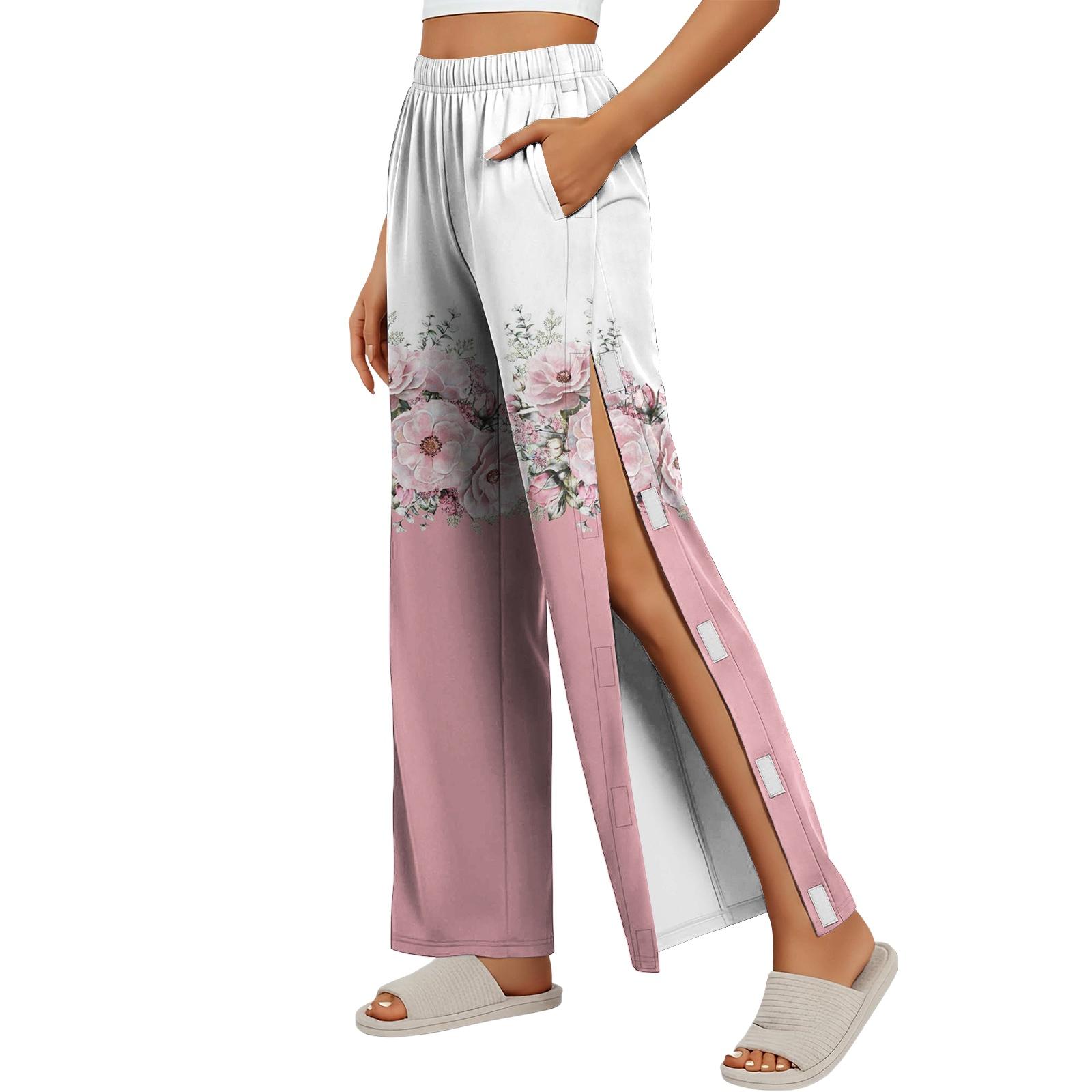 

Women Vintage Floral Side Velcro Closure Easy Open Post Surgery Recovery Care Long Pants Elastic Waistband Comfortable Fit XXL рожевий