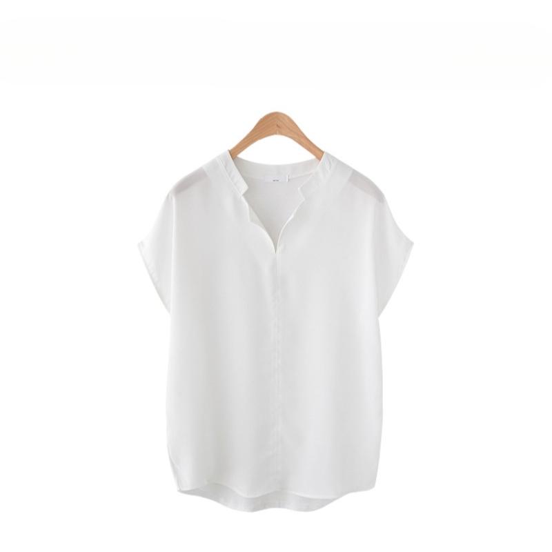

Summer Loose Short Sleeve Casual White Shirts for Women Fashion Solid Plus Size Tops Women Chiffon Blouses Simple Slim Stand Collar Female Shirt 26048 5XL білий