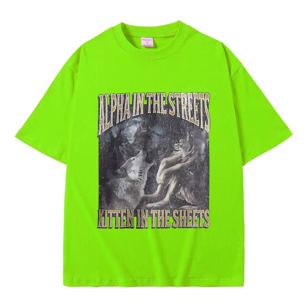 Alpha auf der Straße Kätzchen im Bett Lustiges Werwolf Meme T-Shirt Herren Damen Lässig Übergroß Streetwear Männliche Mode T-Shirt