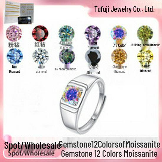 Men's GRA Moissanite Diamond Ring, PT950 Plated, S925 Sterling Silver, Simple Fashion Design.
