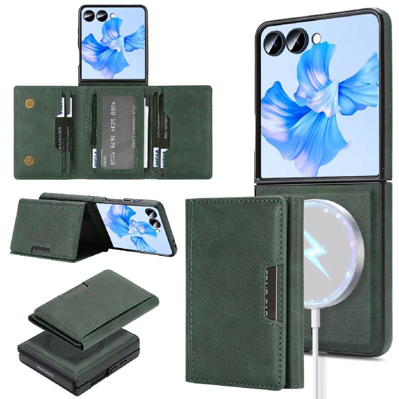 Samsung Z Flip7 Wireless Charging Phone Case with Magnetic Tri-fold Card Holder, Leather Sticker, Velvet Inner, 6-Level Protection.