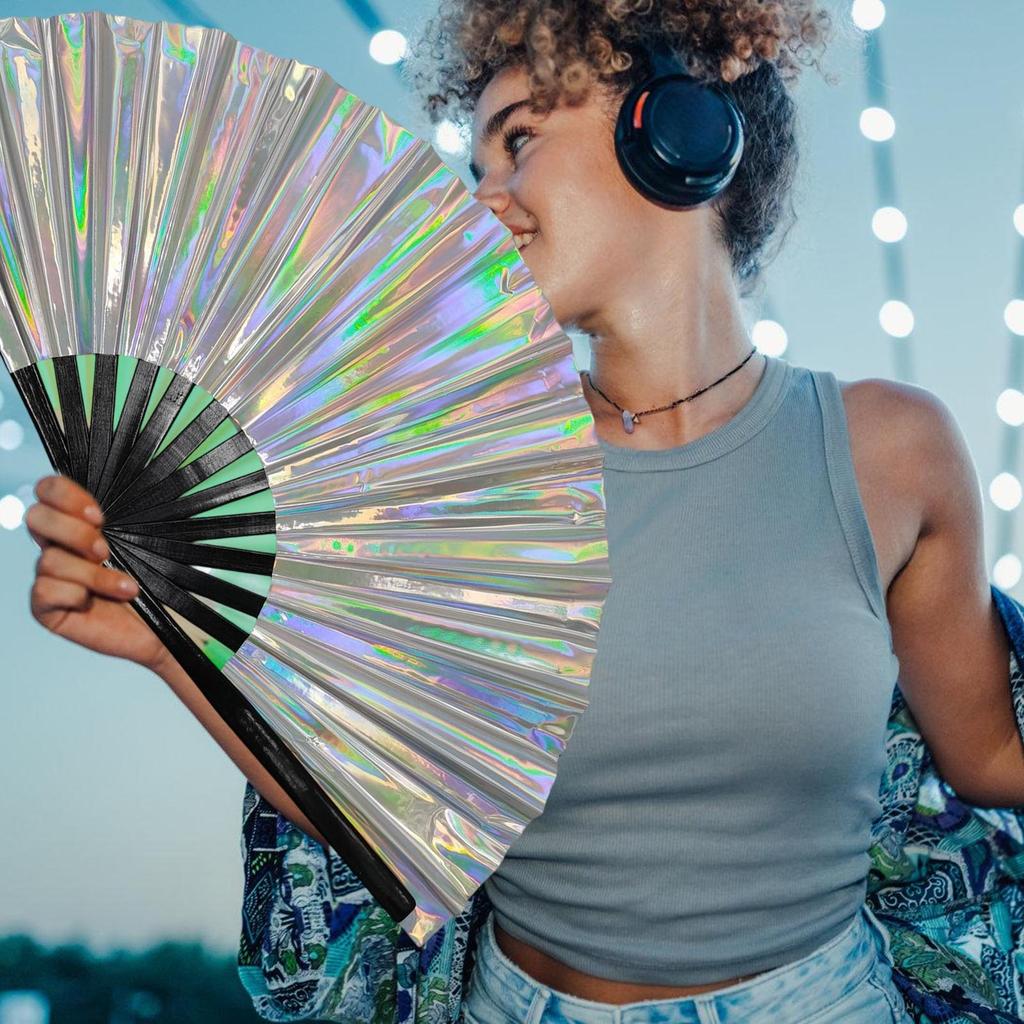 Large Shimmering Colorful Folding Hand Fan for Line Dance Martial Art Taichi Handheld Fan with Reflective Design Gift