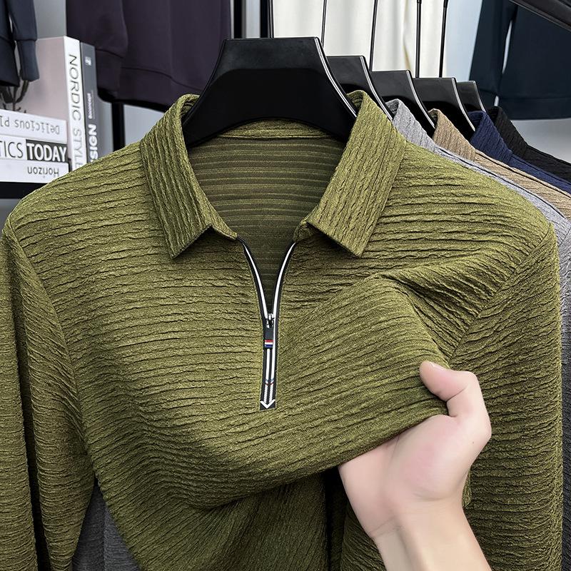 Ny Jacquard High-end Toppslag Enfärgad Mångsidig Casual Lös Halvdragkedja Herr T-shirt att dra över huvudet