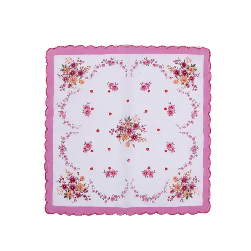 3pcs/set With Wavy Edge Embroidered Flowers Print With Lace Handkerchiefs for Wedding Gift Cotton Kerchiefs Pocket Hankies