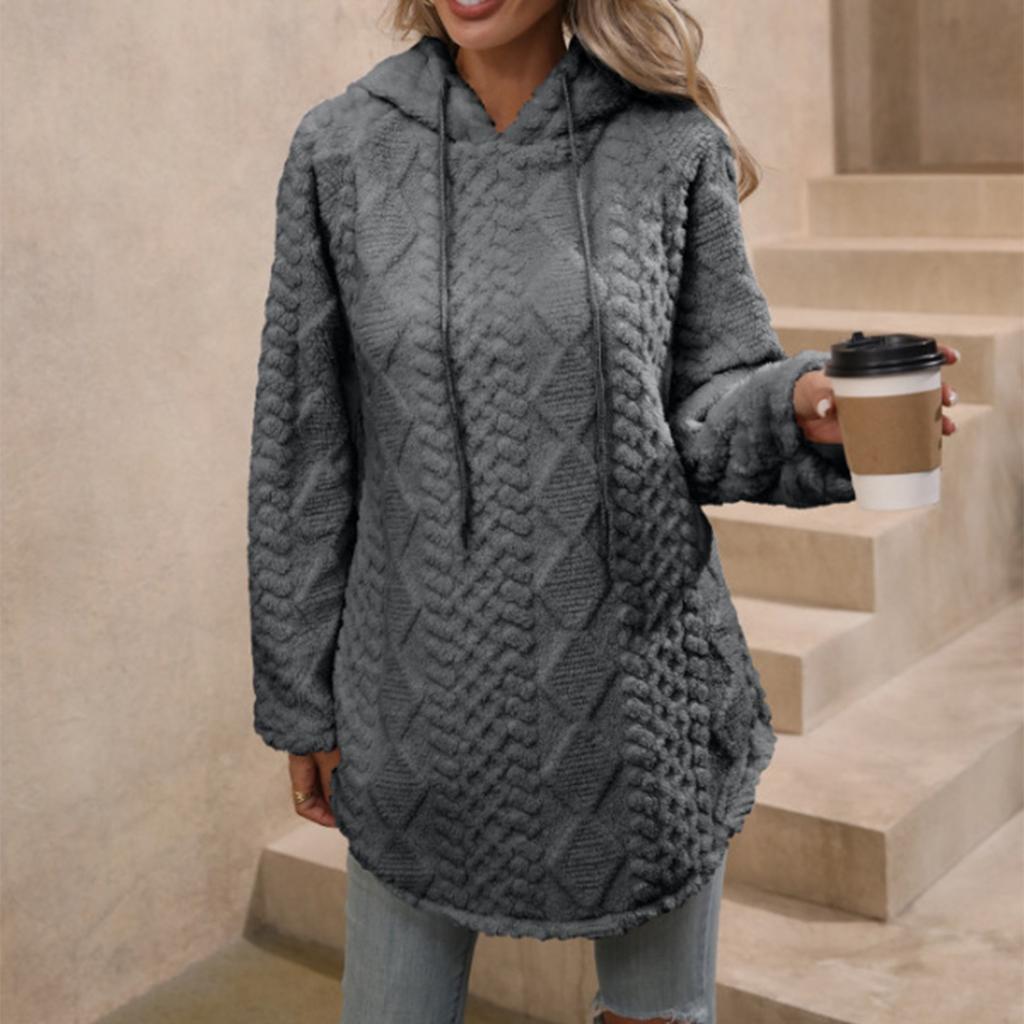 Women's Casual Solid Color Hooded Pullover Long Sleeve Furry Sweatshirt