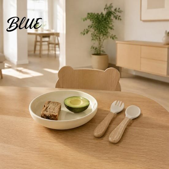 Kids Independent Eating Set Baby Led Weaning Spoon And Fork Set Soft Silicone Utensils Beech Wood Handle with Wooden Handles Toddler Self-Feeding