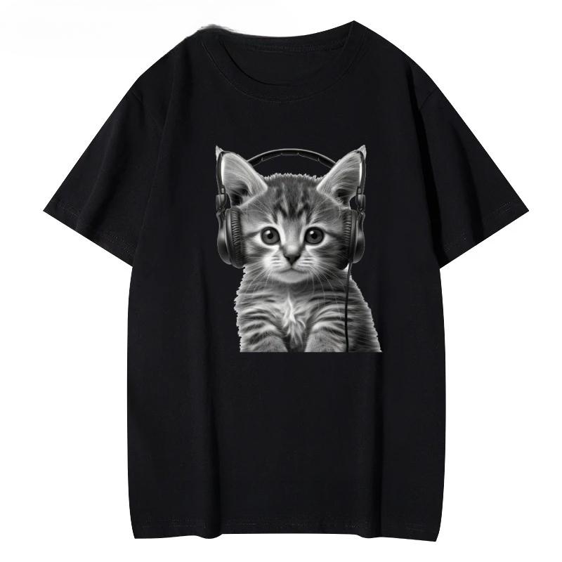 Kawaii Kitten With Headphones Print Women T Shirt Short Sleeve O Neck Red Tshirt Ladies Tee Shirt Tops Clothes Camisetas Mujer