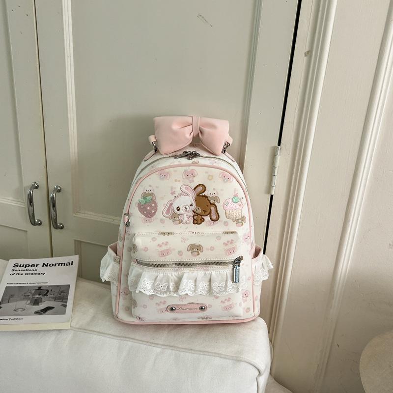 Schoolbag Japanese soft girl rabbit backpack full of printed strawberry cake embroidered backpack bow lace lace school bag